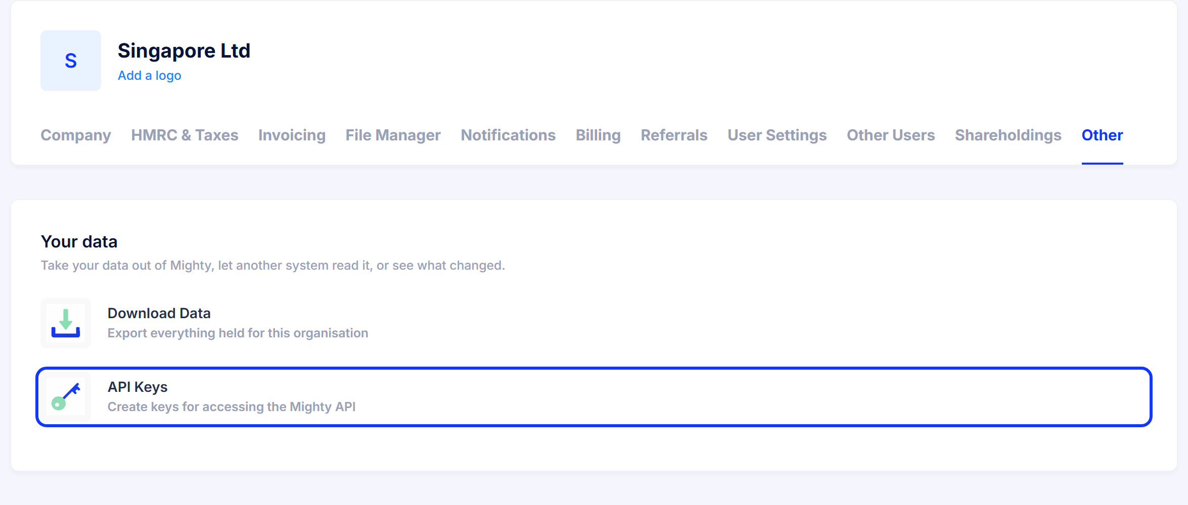 The Other tab of organisation settings, with the API Keys tile highlighted