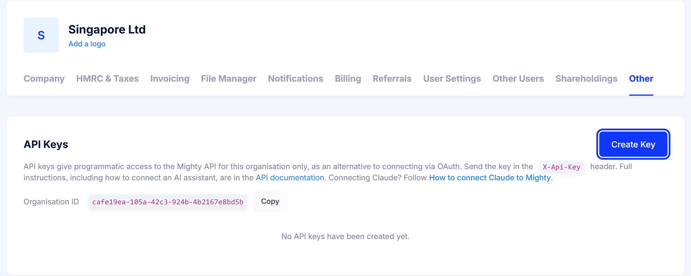 The API Keys page with the Create Key button highlighted