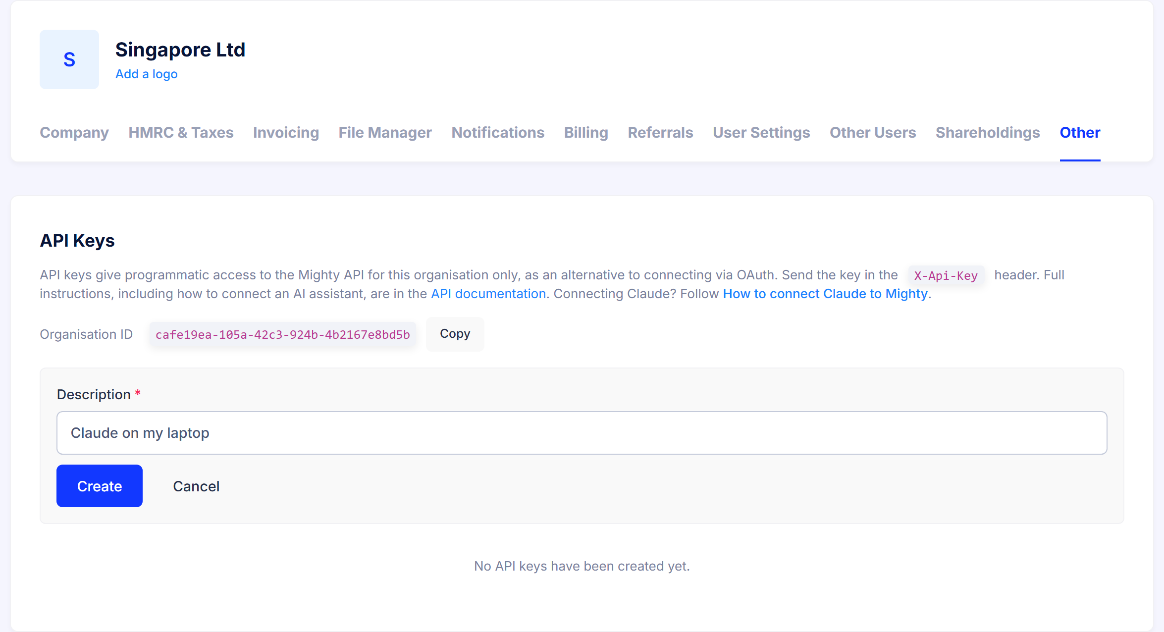 The create form with a description typed in