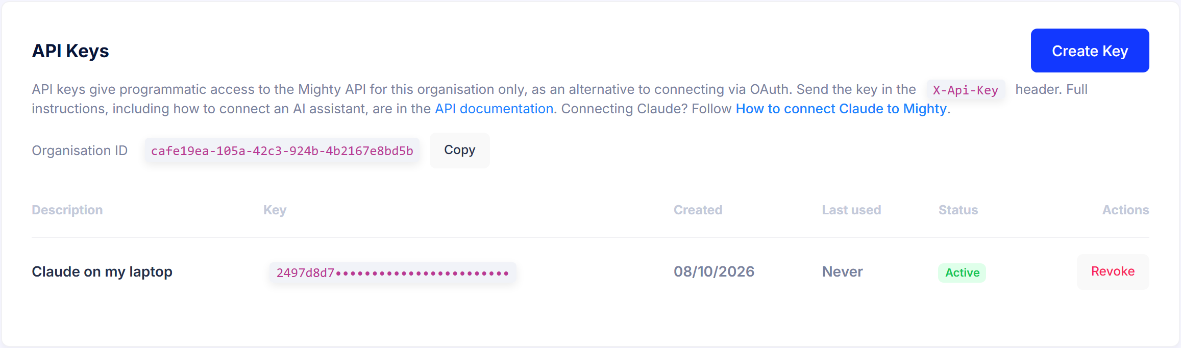 The key list showing the key prefix, creation date, last used date and Active status